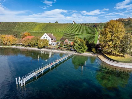 Aerial view of the jetty at the historic Rebgut Haltnau with catering business, outdoor catering