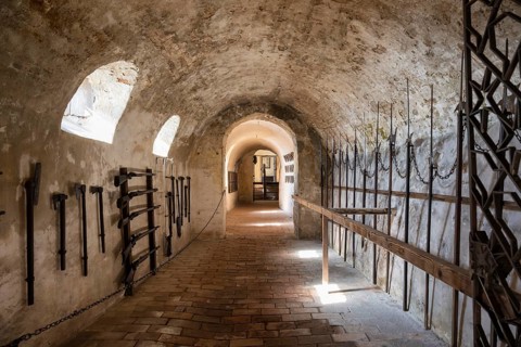 Tunnel with hand weapons in the historic Meersburg Castle, museum, sight, Lake Constance, Lake