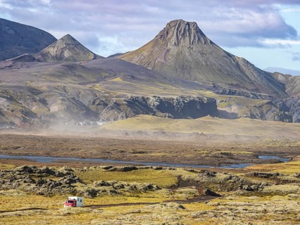 Skafta river and Uxatindar mountain range, camper van on road F206, Laki tourist road, Iceland,