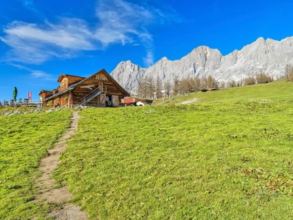 Walcheralm in front of Dachstein, alpine hut in autumn, Dachstein mountains, Dachstein south face,
