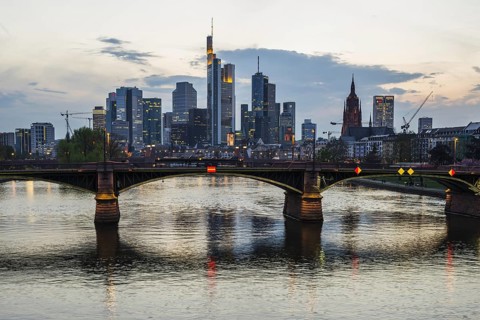 Skyline and banking district at sunset, Daemmerung, Tower 185, Commerzbank, HelaBa, Hessische