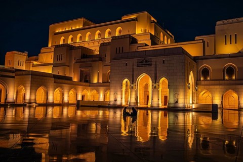 The illuminated main square in front of the Royal Opera, at night, night shot, Muscat, Arabian