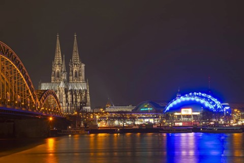 Hohenzollern Bridge with Cathedral and Musical Dome, Rhine embankment, Cologne, Rhineland, North