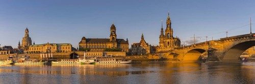 View over the Elbe with Church of Our Lady, Bruehl's Terrace, ships of the Saxon Steamship Company,