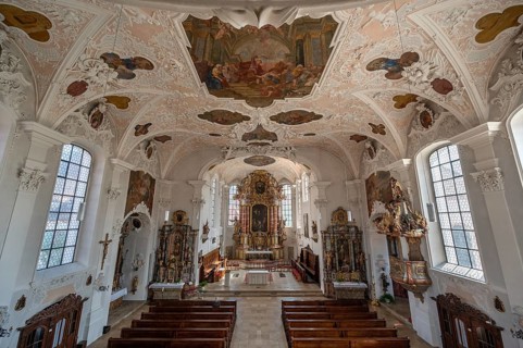 Interior with high altar of the parish church of St. John the Baptist, built in 1475 as a Gothic