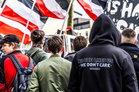 The neo-Nazi group Jung und Stark, JS, demonstrates in the city centre of Essen, demanding the
