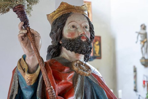 Head of Christ, detail of the Palmesel, wooden figure from around 1470, Church of St Jodokus, Bad