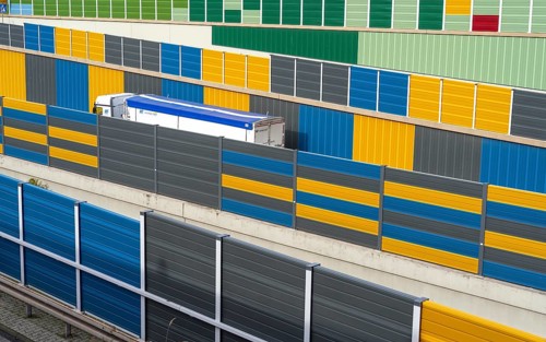 Colourful noise barriers on the A52 motorway, at the Essen-Rüttenscheid junction, the noise