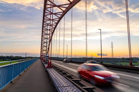The Bridge of Solidarity, the longest tied-arch bridge in Germany, over the Rhine from