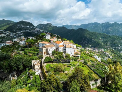 View of Ravello from a drone, Amalfi Coast, Tyrrhenian Sea, Salerno, Campania, Italy, Europe