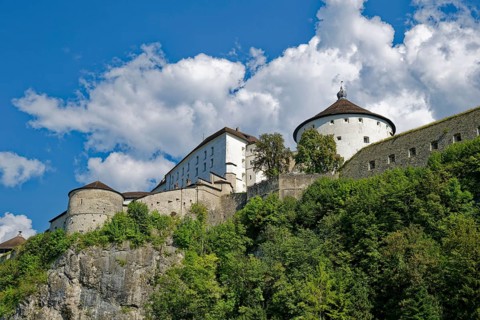 View of the medieval Kufstein Fortress on the River Inn, Kufstein, Tyrol, Austria, Europe