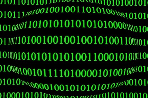 Green binary code on a black background, spherically distorted