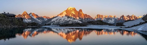 Evening mood, mountain landscape at sunset, alpenglow, water reflection in Lac Blanc with mountain