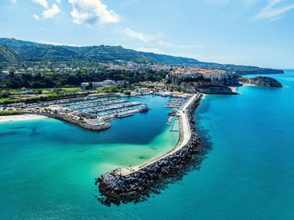 Port and Marina in Tropea from a drone, Tyrrhenian Sea, Calabria, Italy, Europe