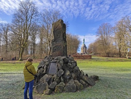 Woman looking at the Bismarck Monument, behind the Hermann Monument, Hiddesen, Detmold, Teutoburg