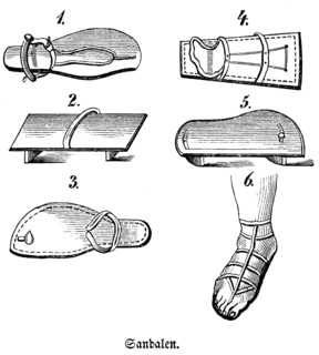 Various sandals made of wood, cork or leather, noblemen wear sandals with heels (2 and 5), later