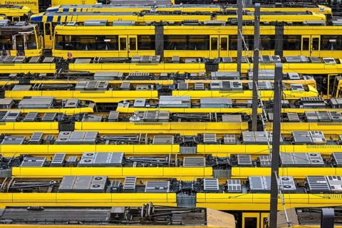 Essen, North Rhine-Westphalia, Germany, Trams at Ruhrbahn depot, Verdi and EVG warning strike,