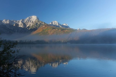 Autumn mood at lake Almsee, Grünau, Austria, Totes Gebirge, Europe