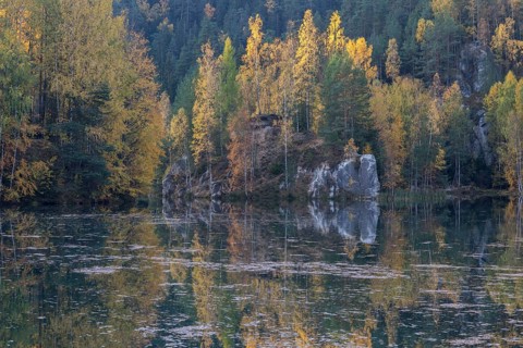 Adršpašské pond, lakeshore with trees and rocks on a sunny day in autumn, Dolní Adršpach, 549 57