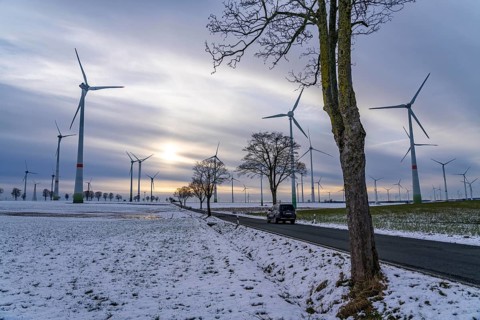 Country road, wind farm, north of Lichtenau, self-proclaimed energy town, over 190 wind turbines