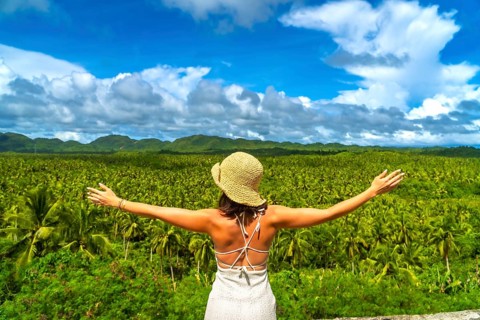 Tourist embracing the stunning view of a vast coconut plantation in siargao island, philippines,