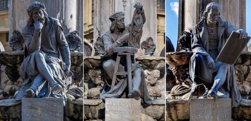 Fountain figures, Walther von der Vogelweide, Tilmann Riemenschneider and Mathias Grünewald on the
