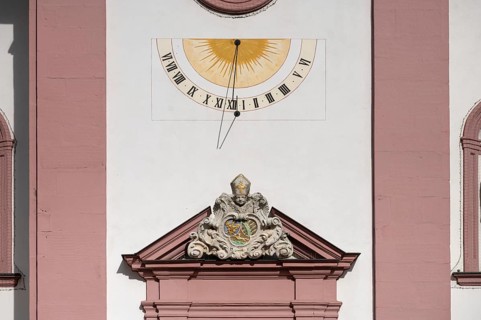 Sundial on the late baroque St Kilian's church, Untertheres, Lower Franconia, Bavaria, Germany,