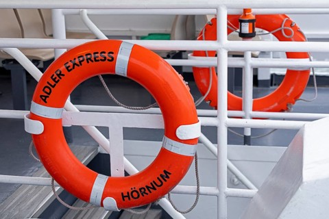 Lifebuoys, excursion boat Adler Express, Wadden Sea, North Frisia, Schleswig-Holstein, Germany,