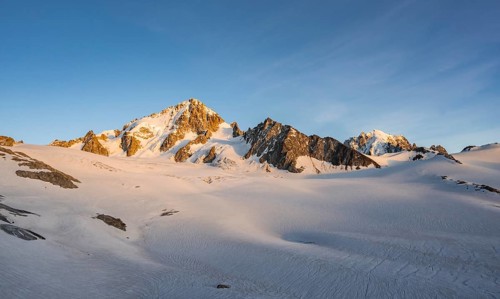 High alpine mountain landscape at sunset, Glacier du Tour, Glacier and mountain peaks in the