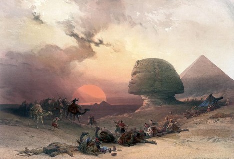 Desert of Giza with Sphinx and pyramids, camel caravan resting in the desert, Egypt, around 1850,