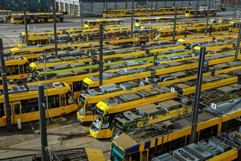 Essen, North Rhine-Westphalia, Germany, Trams at Ruhrbahn depot, Verdi and EVG warning strike,