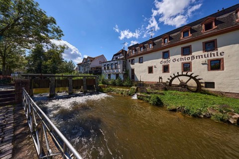 Castle mill, river Mümling, watermill, half-timbered house, historic building, metal railings,
