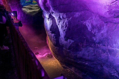 The Tamina Gorge and the Tamina River illuminated in colour at night, Altes Bad Pfäfers, St.