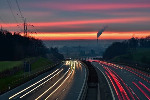 View from a bridge onto the A8 motorway near Augsburg at sunset, Augsburg, Bavaria, Germany, Europe