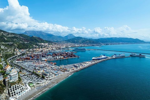 Vietri sul Mare from a drone, Amalfi Coast, Salerno, Campania, Italy, Europe