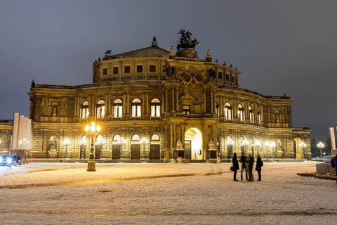 Semperoper on the theatre square with snow, night shot, Dresden, Saxony, Germany, Europe