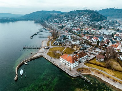 Aerial view of Lake Constance with the municipality of Bodman-Ludwigshafen with the marina and old