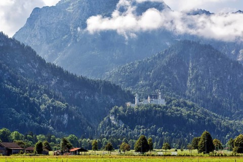 Neuschwanstein Castle in the morning mist, summer, Schwangau, Ostallgäu, Allgäu, Swabia, Upper
