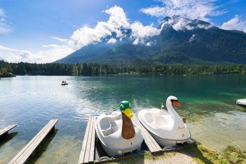 Jetty with boats at Hintersee, pedal boats, swan, duck, Hochkalter, Ramsau, Berchtesgaden National