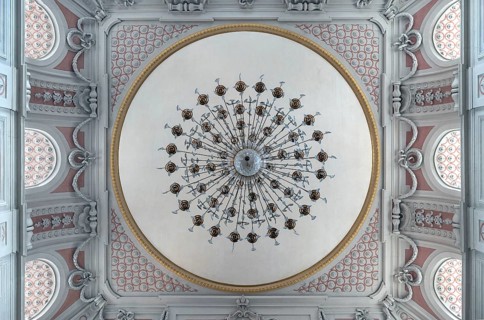 Vaulted dome with chandelier of St James' Church, built 1772-1775, Bad Kissingen, Lower Franconia,