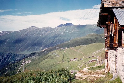 Wooden summer log cabins Belalp, Bernese Alps, Switzerland, Europe around 1960, Europe