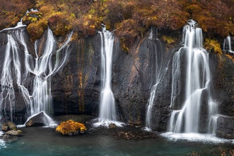 Hraunfossar, waterfalls in autumn, river Hvítá, West Iceland, Vesturland, Iceland, Europe