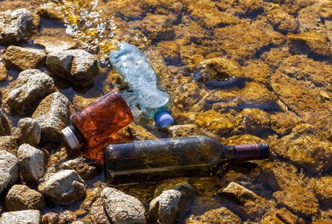 Environmental pollution, Household waste washed up on the lake shore, Plastic and glass bottles,