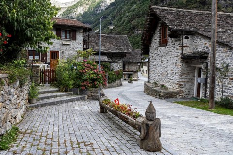 Typical Ticino stone houses in the village of Sonogno, Verzasca Valley, Valle Verzasca, Canton