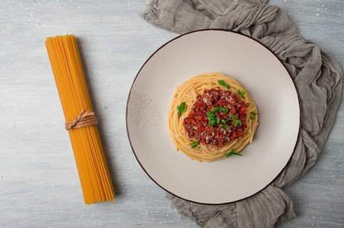 Spaghetti Bolognese, top view, close-up, no people, homemade