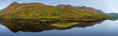 Fjord, coast, mountain landscape, reflection, island, autumn, panorama, aerial view, Loch Leven,