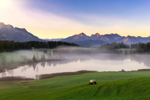 Mountain landscape with lake in the morning mist, clear atmosphere and soft lighting, Hegratsrieder