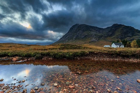 Wild river, cloudy mood, hut, cottage, long exposure, autumn, mountains, Lagangarbh Cottage,