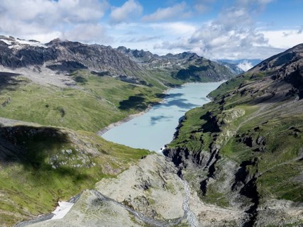 Aerial view, Lac de Dix, reservoir in the Valais Alps, Valais, Switzerland, Europe