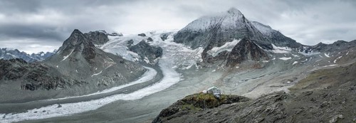 Aerial view, Alpine panorama, mountain hut Cabane des Dix, mountain landscape with glacier Glacier
